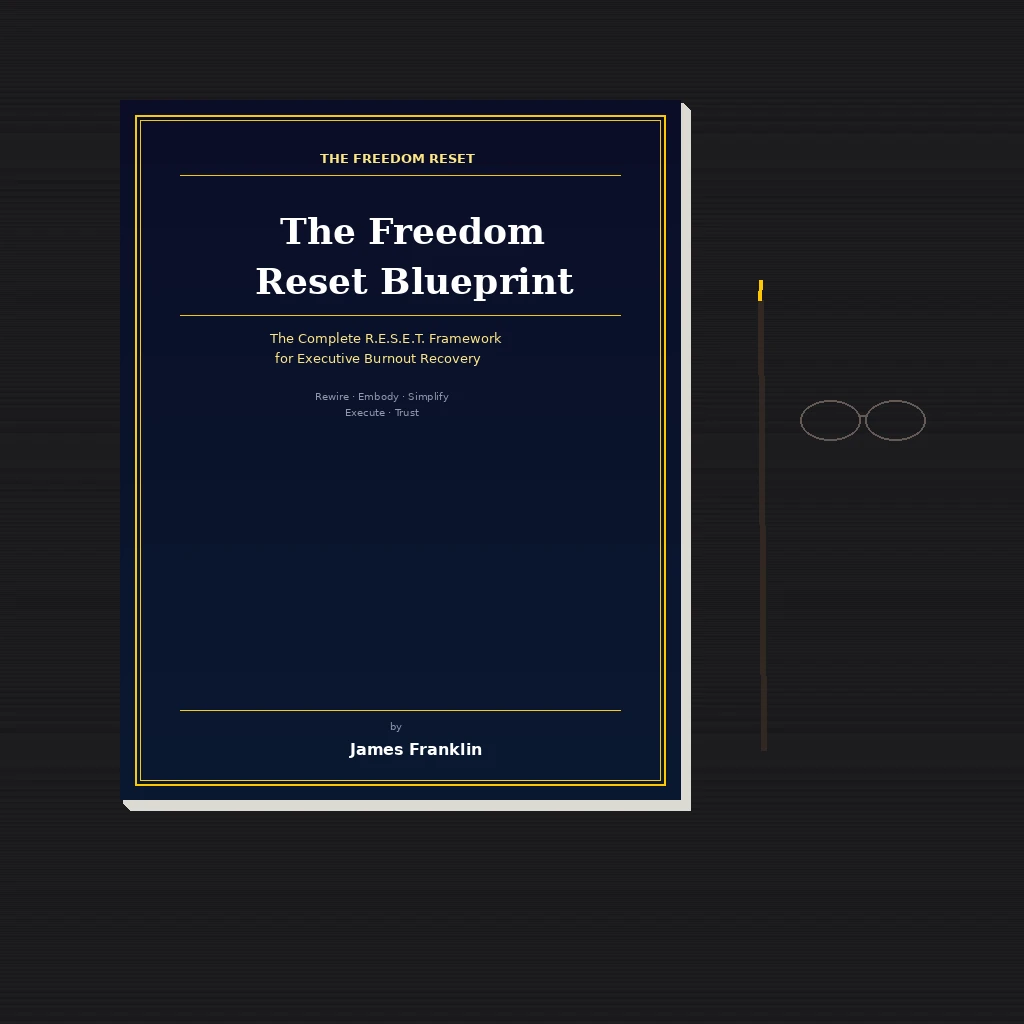 The Freedom Reset Blueprint as a premium printed booklet on an executive desk