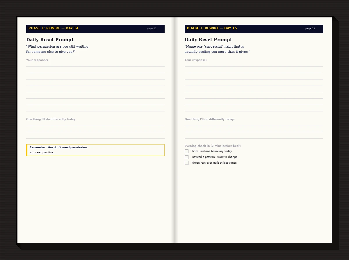 Open spread of the 90-Day Reset Journal with handwritten reflections and structured prompts