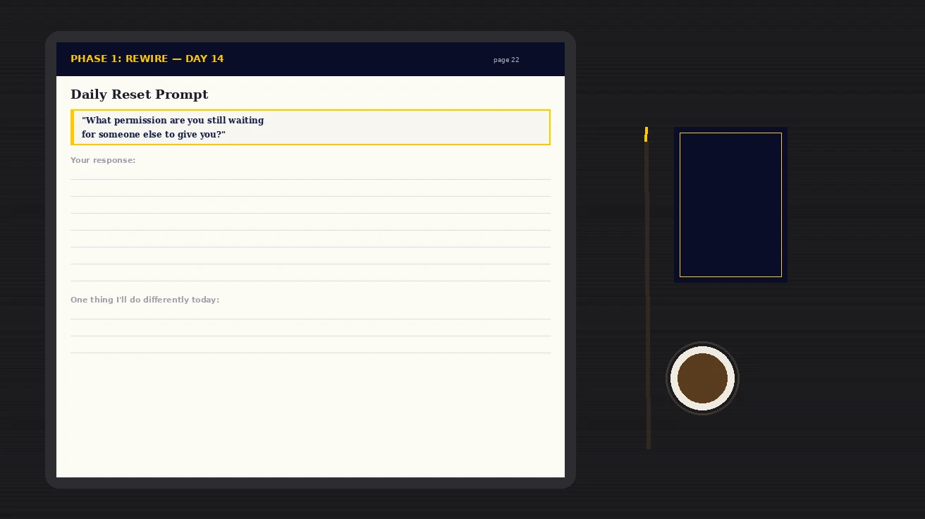 The 90-Day Reset Journal displayed on a tablet — daily prompt with structured fields