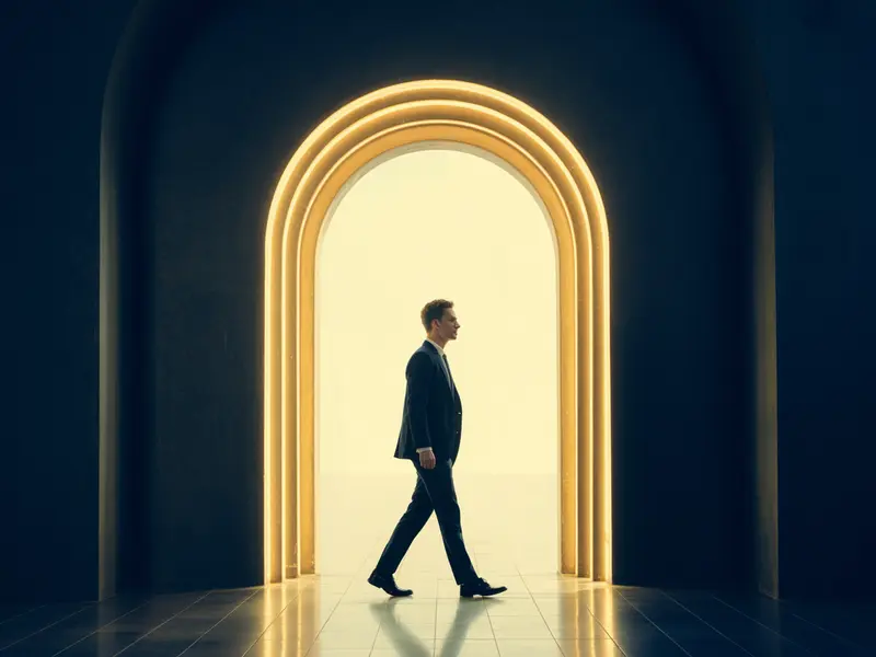 Path A — professional walking confidently toward golden freedom