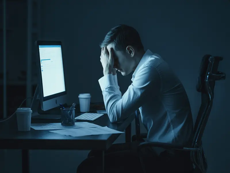 Path B — professional alone at a dark desk, stagnation