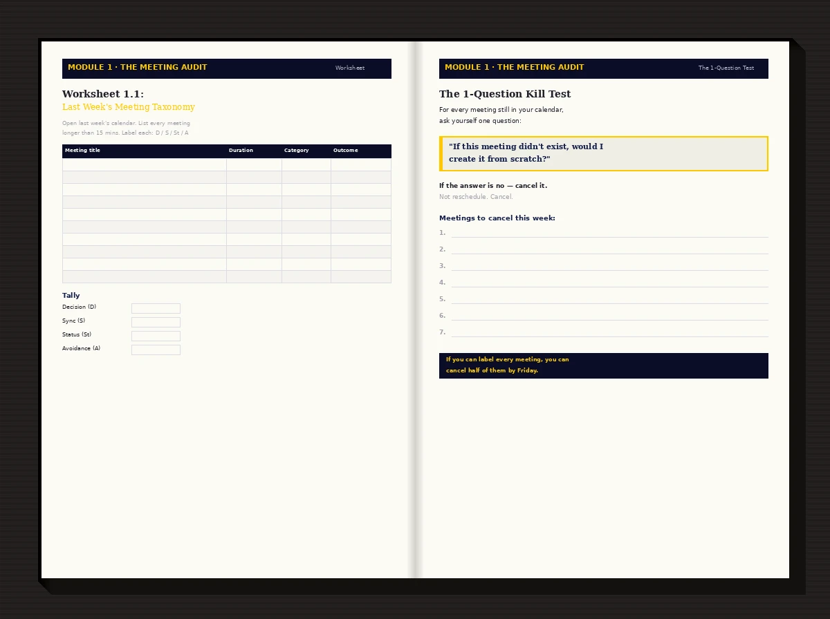 The Calendar Detox Workbook open on a desk — printed two-page spread with handwritten notes