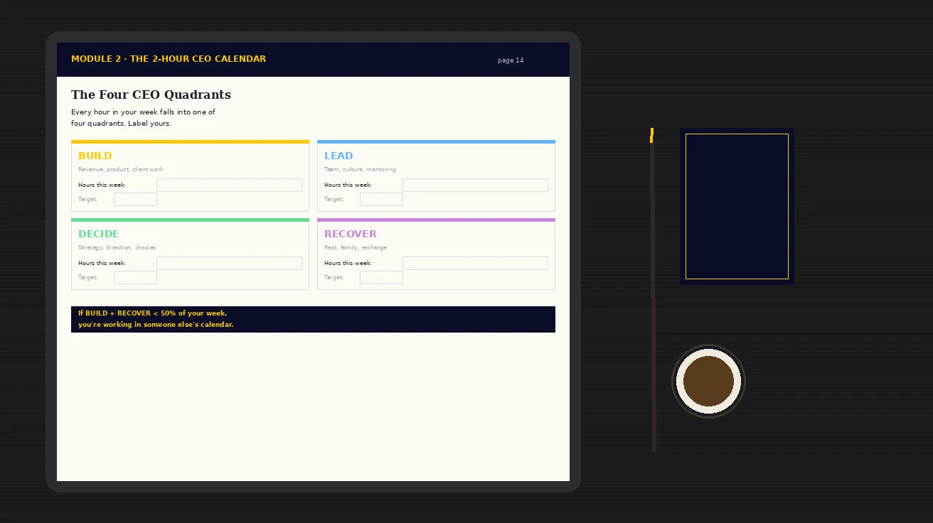 The Calendar Detox Workbook displayed on a tablet — worksheet view with structured fields